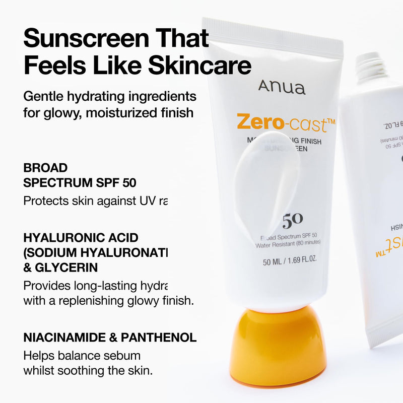 [Australia] - Anua Zero-Cast Moisturizing Finish Sunscreen,SPF 50, Glow Natural Sunscreen,No White cast, Hyaluronic Acid, Niacinamide sun block for face,Oil-Free, Oxybenzone free, Travel Essential (50ml/1.69fl.oz) 