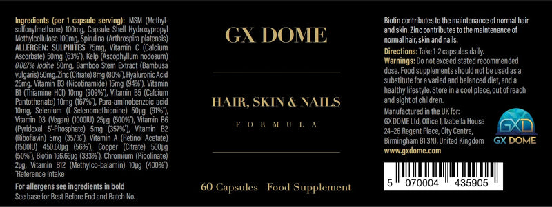 Hair, Skin & Nails Vitamins – Beauty Food Supplement with Biotin, Zinc, Selenium, Vitamin C, MSM & Hyaluronic Acid – Vegan Vitamin D3, 60 Capsules