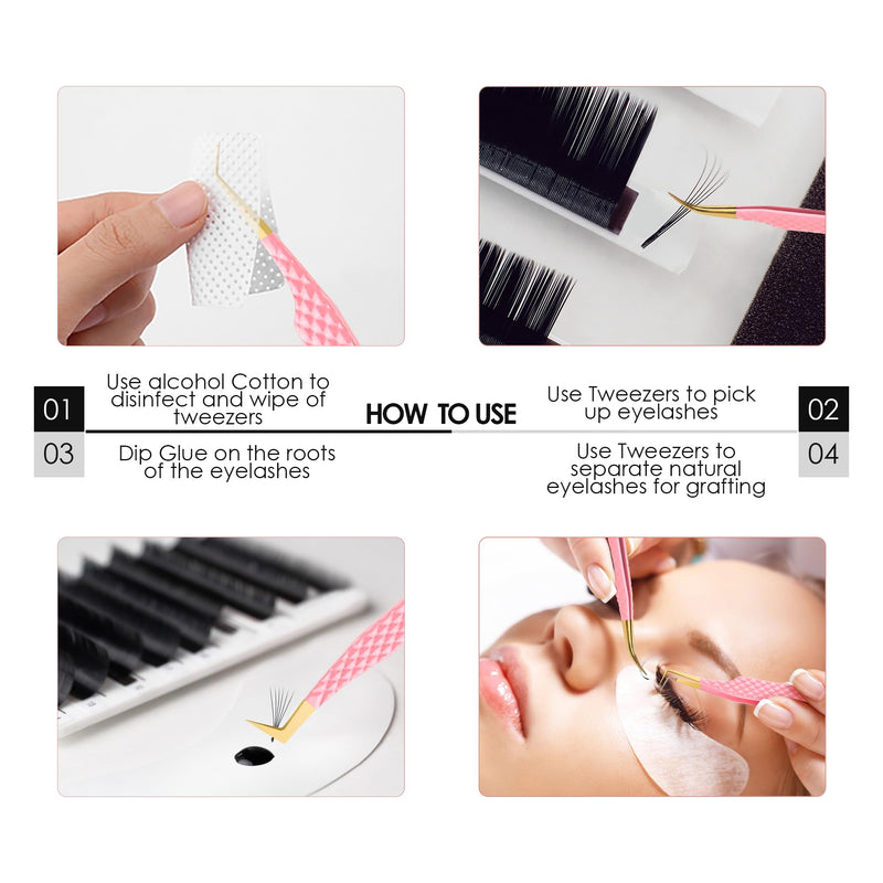 GTEX Fiber Tip Lash Tweezers For Eyelash Extension Set of 5, Professional Eyelash Tweezers For Lash Extensions - 90 45 Degree Curved Volume Tweezer Pink