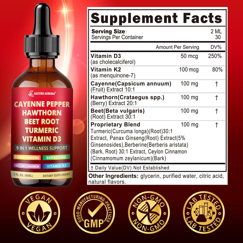 [Australia] - 9 in1 Cayenne Pepper Liquid Drops - Cayenne Pepper Extract Drops Supplement Liquid + Hawthorn Berry, Beetroot, Turmeric, Vitamin K2 & D3 - Digestion, Immune and Circulation Support - 2 Fl Oz 2.0 oz (Pack of 1) 