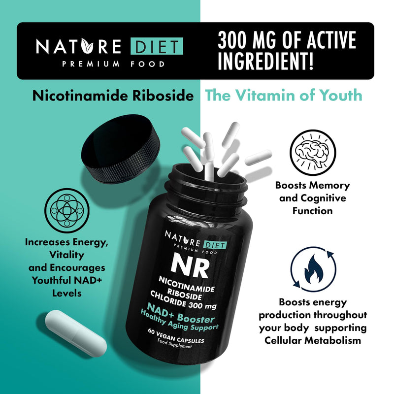 NAD+ Booster - NR - 300mg Nicotinamide Riboside - 60 Vegan Capsules - Supports Healthy Aging - by Nature Diet