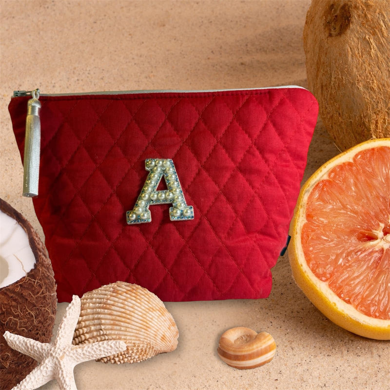 Handmade Red Quilted Cosmetic Bag with Monogram Letter “A”, Cotton Makeup Pouch, Personalized Travel Organizer, Gift for Women, 9x6x3.5 in, White Tassel