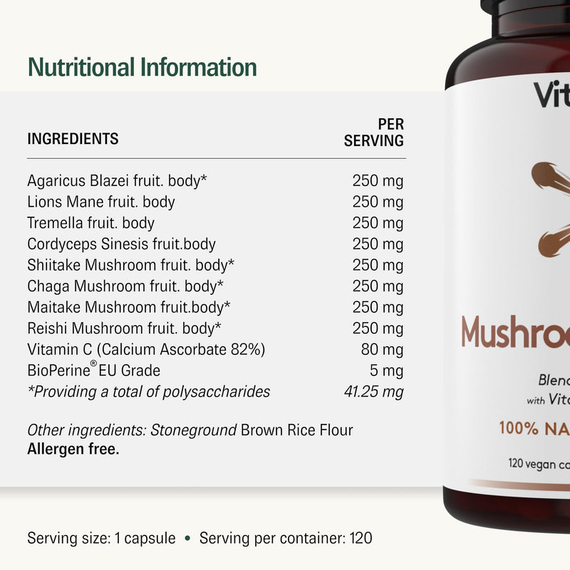 Mushroom Supplement - Lions Mane, Reishi, Cordyceps, Shiitake, Maitake, Chaga, Agaricus Blazei, Tremella with VIT C - UK Made