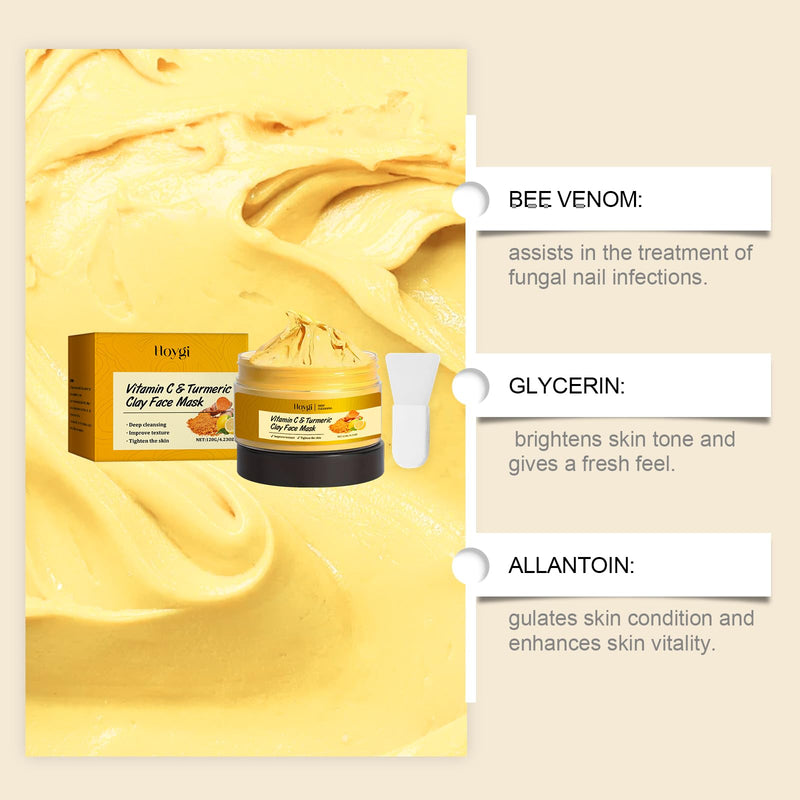 Turmeric Vitamin C Clay Mask, Suitable for Dark Spots and Dull Skin, Deep-Cleaning and Moisturizing Skincare Mask That Can Remove Blackheads and Pores, and Improve Uneven Skin Tone, 4.23 Ounces Turmeric Face Mask
