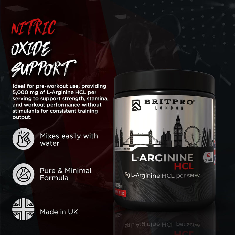 L-Arginine HCL, 300g - High Purity Powder - Supports Nitric Oxide Production & Blood Flow - Pre Workout Performance & Muscle Pumps - Circulation Support - Made in the UK