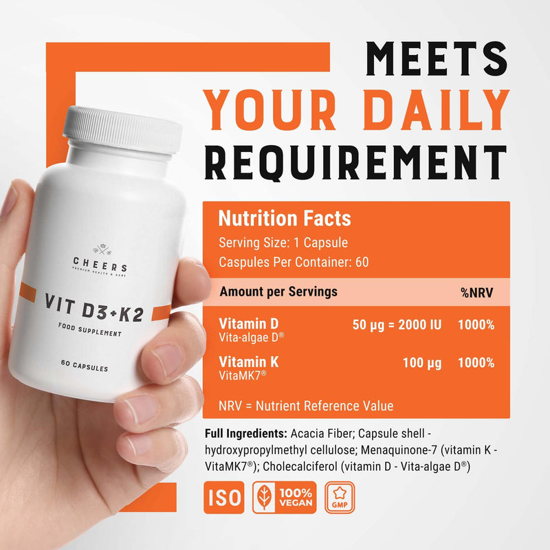 CHEERS – Vitamin D3 & Vitamin K2, 60 Vegan Capsules, Natural Algae Form of Vitamin D, Vitamin D3 and K2 Supplement for Men and Women