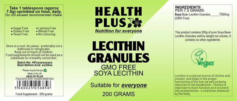 Health Plus Lecithin Granules : Memory Plant Supplement : 200g, in a Recyclable Pot