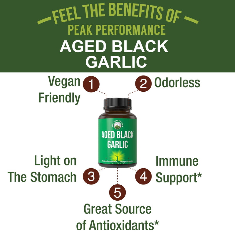 [Australia] - Peak Performance Aged Black Garlic Capsules. Raw Vegan Pure Odorless Extract Supplement Pills for Cholesterol, and Immune Support. from Garlic Bulb with S-Allyl Cysteine and Antioxidants 