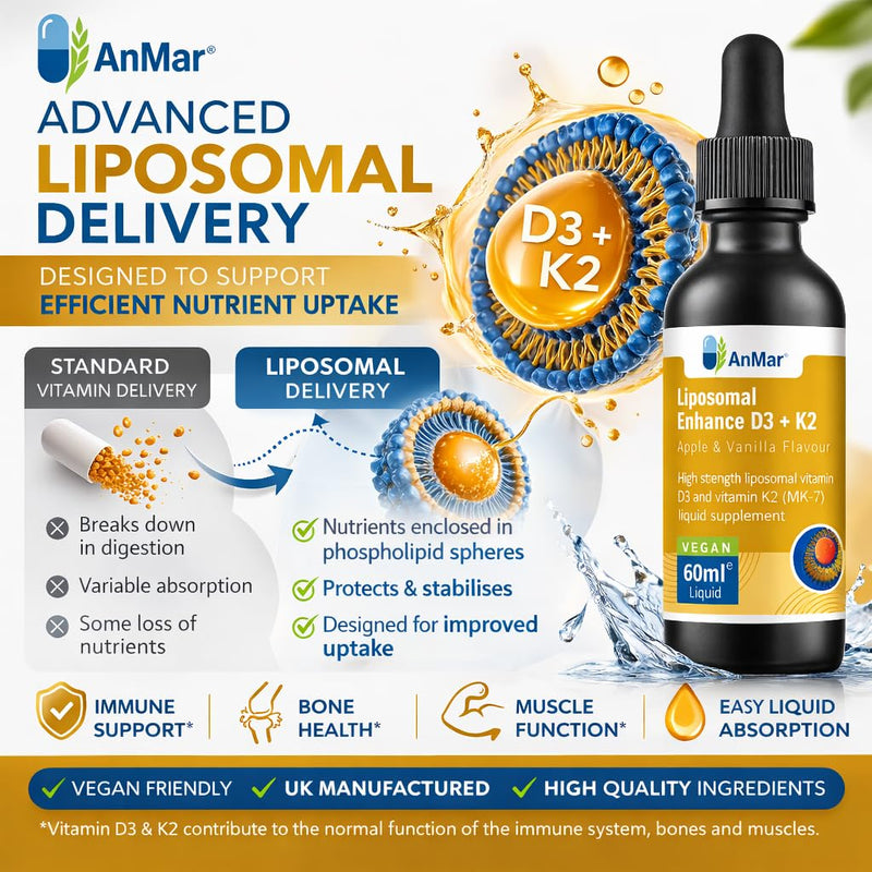 AnMar® Liposomal Vitamin D3 + K2 Liquid – High Strength 4000 IU D3 with MK-7 Vitamin K2 – Apple & Vanilla Flavour Liposomal Vitamin Drops – 60ml (60 Servings)