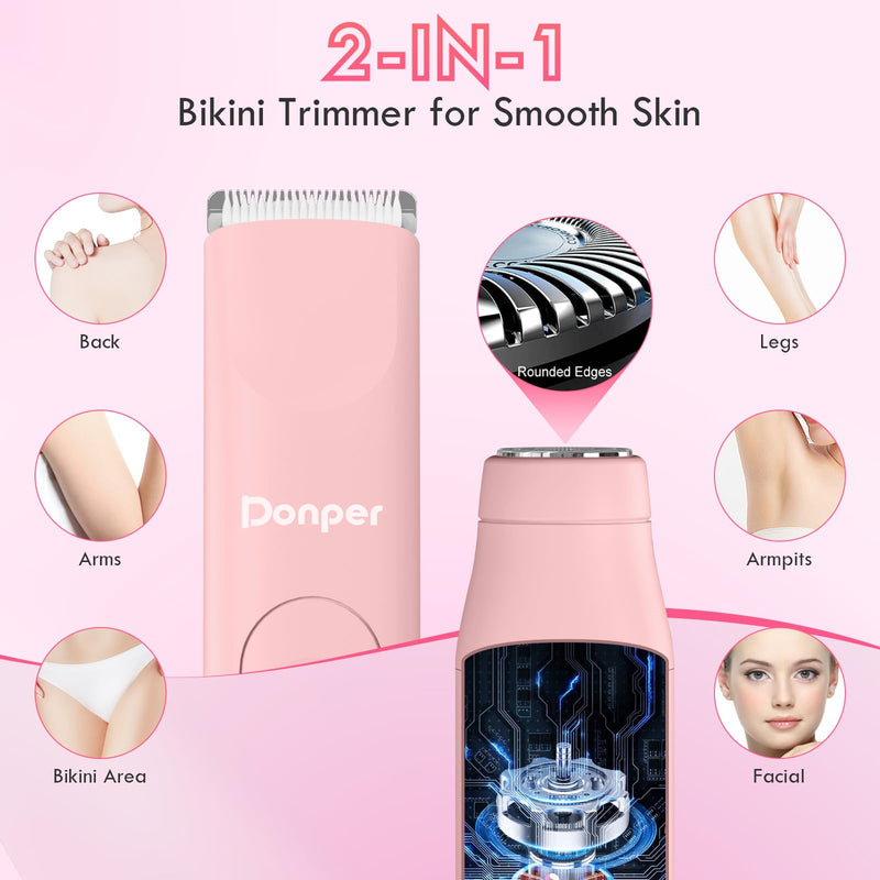 Bikini Trimmer for Women, 2 in 1 Electric Razors for Shower&Travel, IPX7 Waterproof Pubic Hair Remover for Underarm, Legs & Bikini Area, Painless Razor,Hypoallergenic Foil & Ceramic Blades