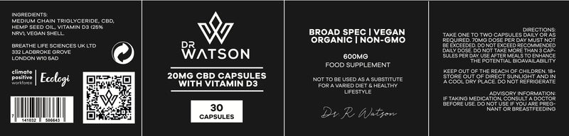 Capsules by Dr Watson | 600mg Container | 30 Capsules 20mg | with Vitamin D for Added Daily Support