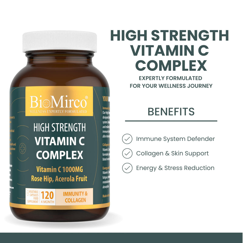 Vitamin C 1000mg Capsules, High Strength Supplement, Immune Support Vitamins, High Dose, Alternative to VIT C Powder/Tablets, Immunity Supplements, Rose Hip, Acerola Fruit, Complex, Made in The UK Vitamin C 120 Count