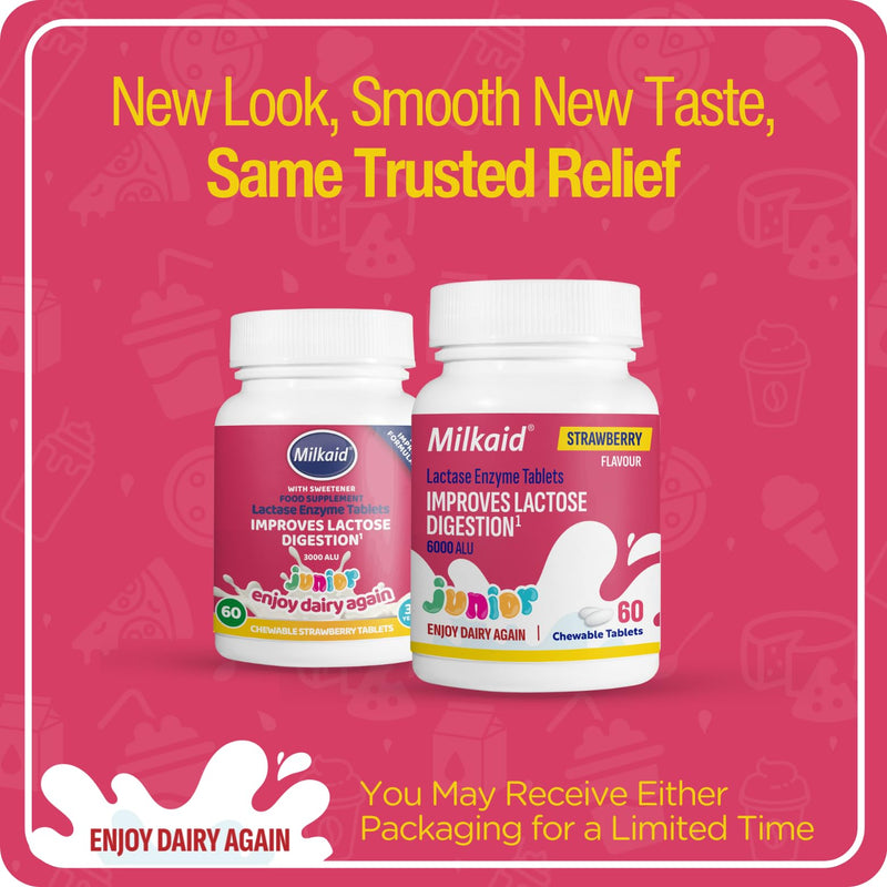 Milkaid Junior Lactase Enzyme Chewable Tablets for Lactose Intolerance Relief, Prevents Gas, Bloating & Diarrhoea, Fast Acting Dairy Digestive Supplement, Gluten Free & Vegan, 60 Count 1 count (Pack of 1)