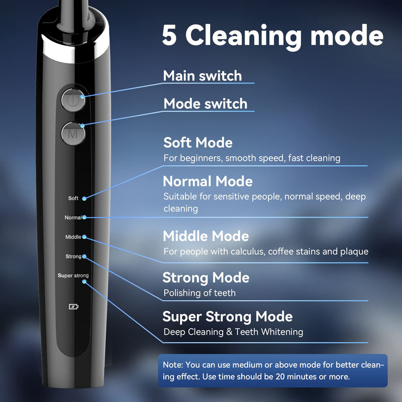 [Australia] - Tooth Polisher Rechargeable,Tooth Buffer Polisher with 5 Replacement Heads & Cleaning Modes, USB Rechargeable, Ipx6 Waterproof, Teeth Black Stain Remover for Adults & Kids Black 