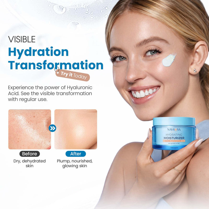 NAYROSA Hyaluronic Acid Gel Moisturizer Cream with Vitamin E, 100ml | 48 Hr Hydration, Lightweight Water Cream for Normal/Dry Skin, Plumping & Smoothing Daily Moisturizer-Korean Skincare