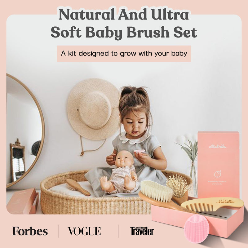 [Australia] - 4 Piece Wooden Baby Hair Brush and Comb Set for Newborns & Toddlers in Chic Gift Box - Ultra Soft Natural Goat Hair and Wood Baby Brush Set Prevents Cradle Cap - Perfect Registry Gift (Pink) Pink 