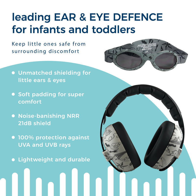 [Australia] - BANZ Baby Earmuffs & Sunglasses 0-36 Months - Noise Cancelling & UV Protection ages 0-2+ years Doodle Grey 
