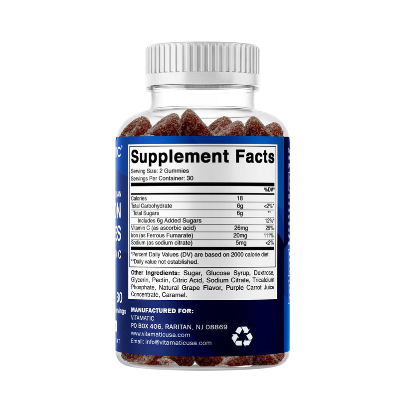 Vitamatic Vegan Iron 20 mg with VIT. C, 60 Natural Grape Flavor Gummies | Supports Healthy RBC Production and Oxygen Transport*, Immune Health Support*, Plant Based, Gluten Free, Non-GMO, Made in USA 60 Count (Pack of 1)