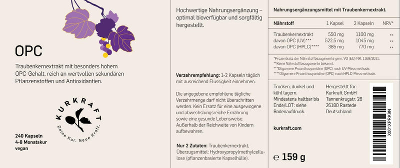 [Australia] - Kurkraft Premium OPC capsules (240 pieces) - 1100 mg grape seed extract with 770 mg OPC per daily dose (HPLC) - French grapes - vegan - without additives - German production 