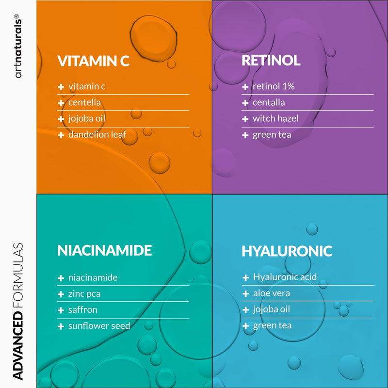ArtNaturals Vitamin C Skincare Serum Set, 4 Piece | 4-serum skincare routine, Vitamin C, Hyaluronic Acid, Niacinamide & Retinol, All skin types 1 Fl Oz (Pack of 4)