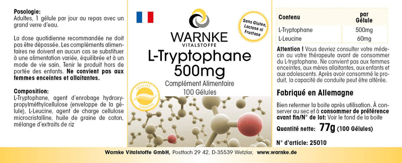 [Australia] - L-Tryptophan 500mg capsules - 100 capsules - high dosage & vegan - amino acid | Warnke vital substances - German pharmacy quality 