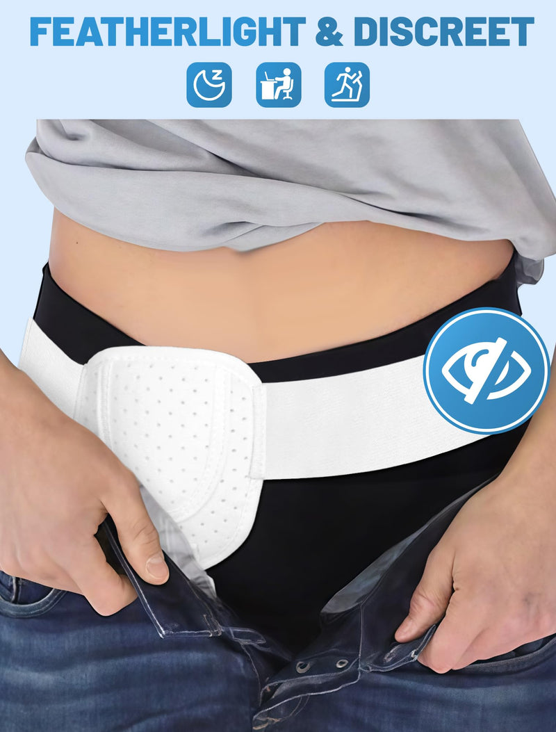 Hernia Belts for Men Inguinal, Hernia Belt for Women, Inguinal Hernia Support for Left or Right Side, Comfortable Adjustable Waist Strap with Removable Compression Pads, White