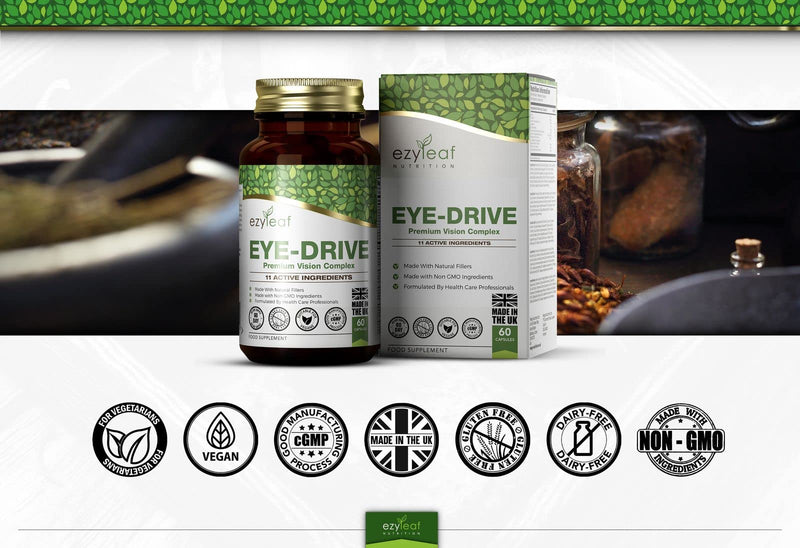 Ezyleaf Eye Supplement | Saffron, Lutein and Zeaxanthin Supplement with Bilberry, EyeBright, Natural Beta-Carotene & Goji Berry | 60 Eye-Drive Eye Vitamins - Vitamin C E A | Non-GMO & UK ISO Certified