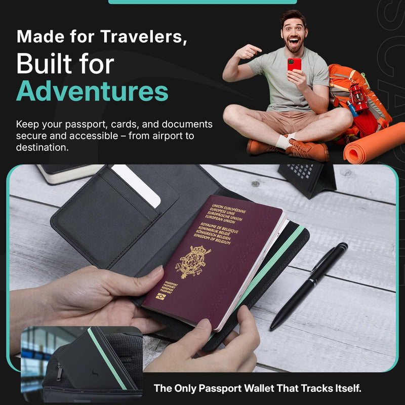 SCAPADE AirPass Trackable Passport Wallet – Works with Apple Find My, Rechargeable Battery (5–6 Months), 3 Card Slots, No App Needed, Sleek Travel Case for iPhone & iPad Users