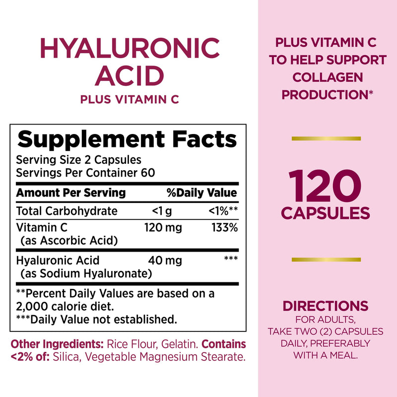 [Australia] - Nature's Bounty Optimal Solutions Hyaluronic Acid, Supports Glowing Skin and Immune function, with Vitamin C, 120 Capsules 