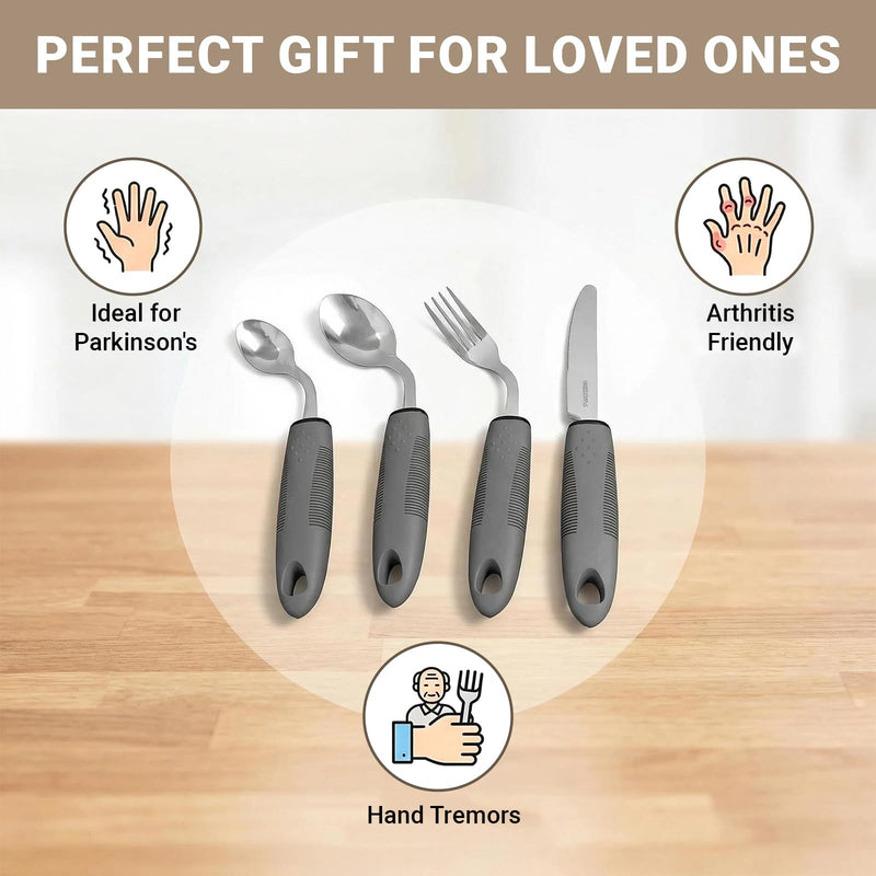 Cutlery for Arthritic Hands: 4PCS Stainless Steel Easy Grip Cutlery Adult (Right Hand) for Disabled Hands, Adults, Elderly with Parkinson's（Gray） Gray
