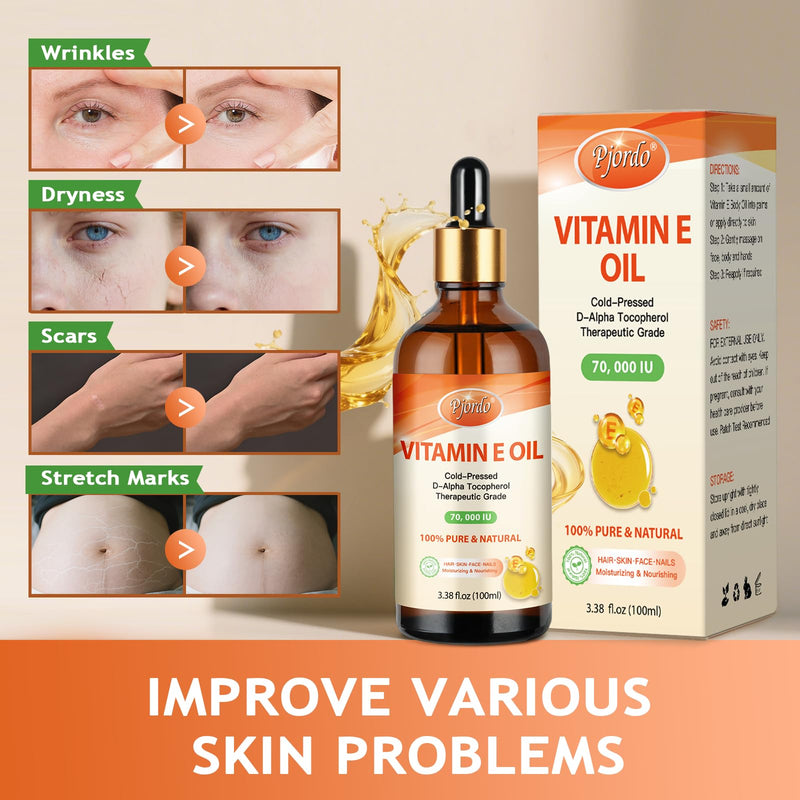 Pjordo Vitamin E Oil - 100% Pure & Natural, 70,000 IU Cold-Pressed Organic Vitamin E Oil for Skin, Face, Hair, Nails & Scars, D-Alpha Tocopherol Rich, Deep Moisturizing and Firming Skin