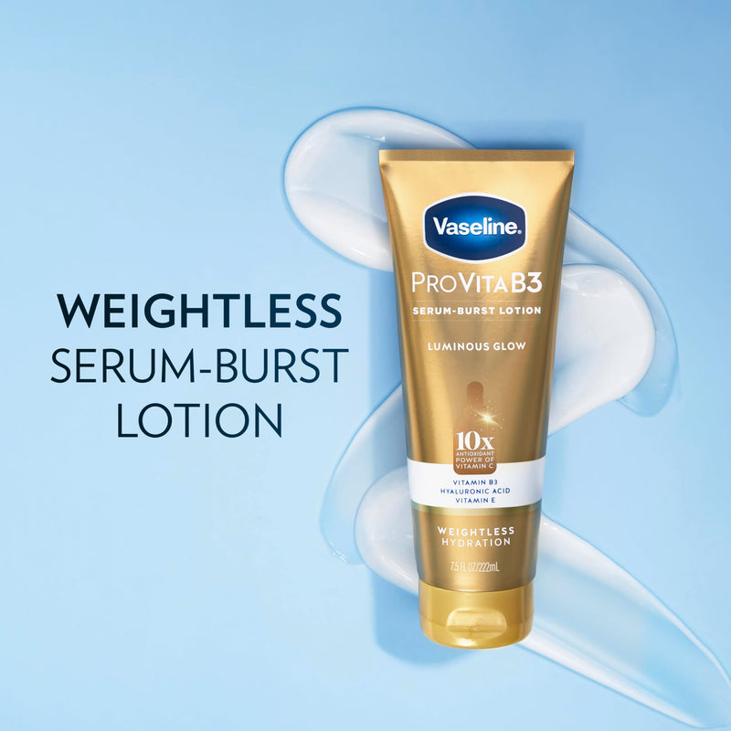 Vaseline Pro VitaB3 Serum Burst Lotion Luminous Glow Healthy, Glowing Skin, Lightweight 10x Antioxidant Power of Vitamin C with Vitamin B3, Hyaluronic Acid & Vitamin E, 7.5 Fl Oz | Body moisturizer for dull-looking skin with Vitamins C, E, Niacinamide,...