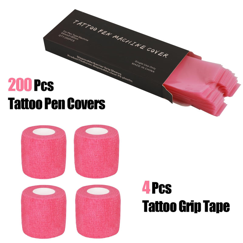 [Australia] - 200 Pink Tattoo Pen Covers & 4 Grip Tapes - Large Tattoo Machine Covers & Tattoo Tape Wrap - Tattoo Supplies 