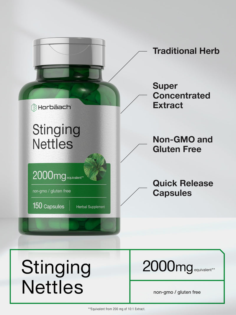 Horbäach Stinging Nettle Capsules 2000mg | 150 Count | Herbal Leaf Extract Supplement | Non-GMO, Gluten Free