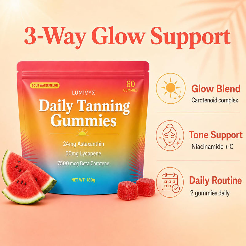 Lumivyx Tanning Gummies, Sun Tanning Gummies for Women and Men with Beta Carotene, Astaxanthin, Lycopene, Vitamin C, D3 and Zinc, Sour Watermelon Vegan Gummies, 60 Count