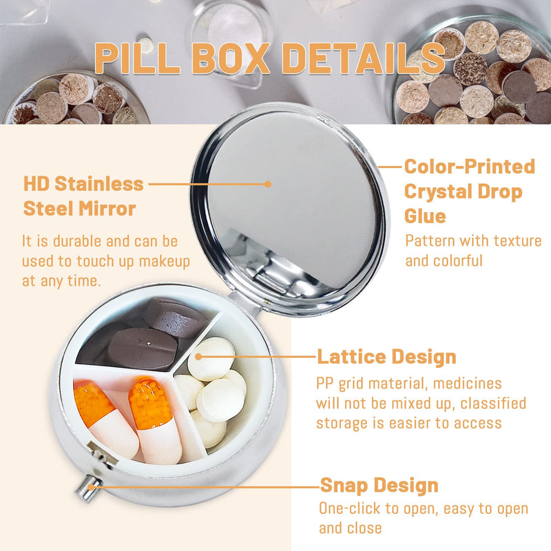 4 Pack Elegant Small Pill Box, 3 Compartments Pill Case for Purse Pocket with Mirror, Metal Travel Portable Medicine Tablet Vitamin Holder Organizer Container, Style A