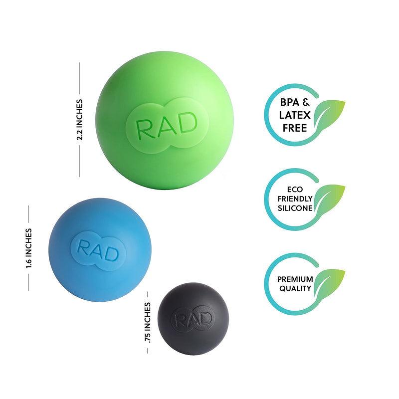 [Australia] - RAD Rounds Massage Balls in Green, Blue and Black - Silicone Manual Massage Balls for Jaw, Plantar Fasciitis and Myofascial Release 