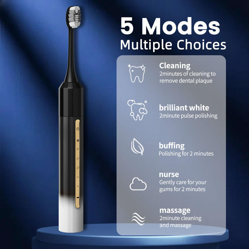 Sonic Electric Toothbrush with 10 Brush Heads for Adults and Children, Up to 30 Days on a Single Charge,5 Modes,Built-in 2-Minute Smart Timer, IPX8 Waterproof Electric Toothbrush (Black White) Black-white