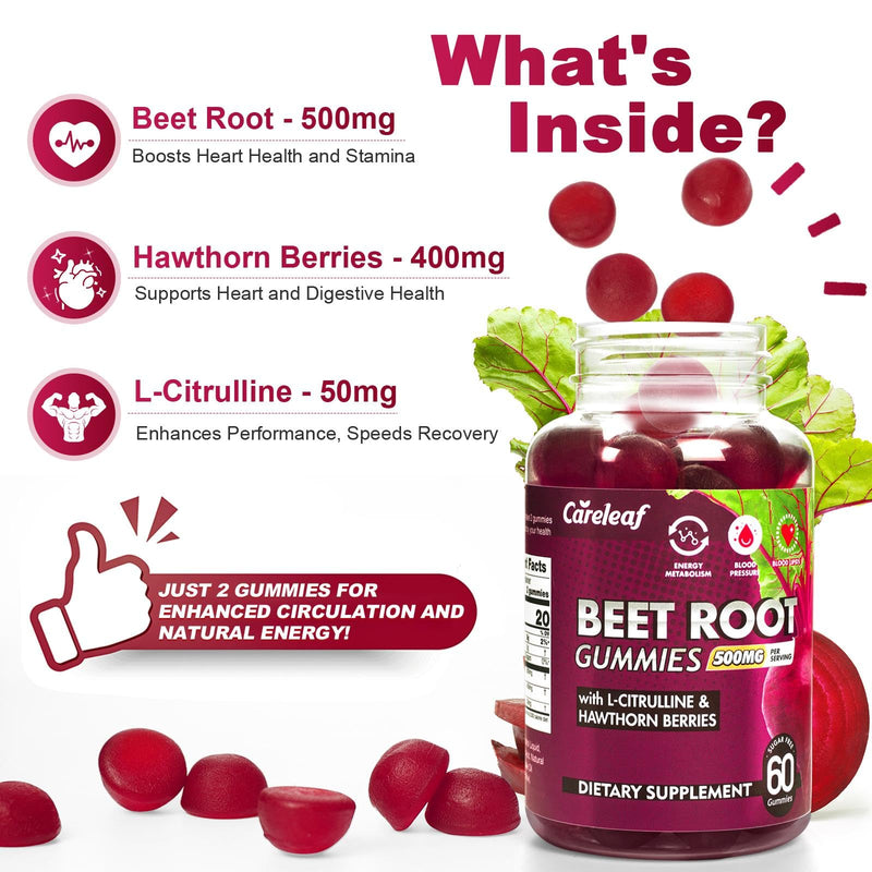 [Australia] - Sugar Free Vegan Beet Root Gummies for Blood Pressure, Beetroot Gummies with L-Citrulline and Hawthorn Extract, Peach Flavor Beet Chews for High Blood Pressure, 60 Count 