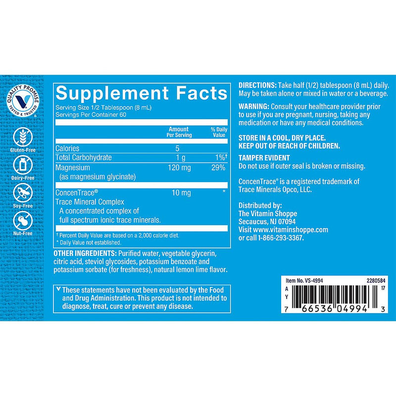 The Vitamin Shoppe Brand Liquid Magnesium Glycinate, Lemon Lime, 16 Fl Oz | 120 MG Magnesium per Serving With Trace Minerals for Stress Support, Muscle Relaxation & Sleep Support, Gluten Free 60 Servings (Pack of 1)