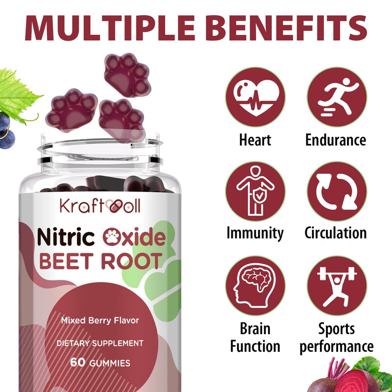Beet Root Gummies 6000mg – Nitric Oxide Booster with Grape Seed, Pomegranate, Vitamins C & B12 – Nitric Oxide Supplements for Men – Mixed Berry Flavor – 60 Gummies