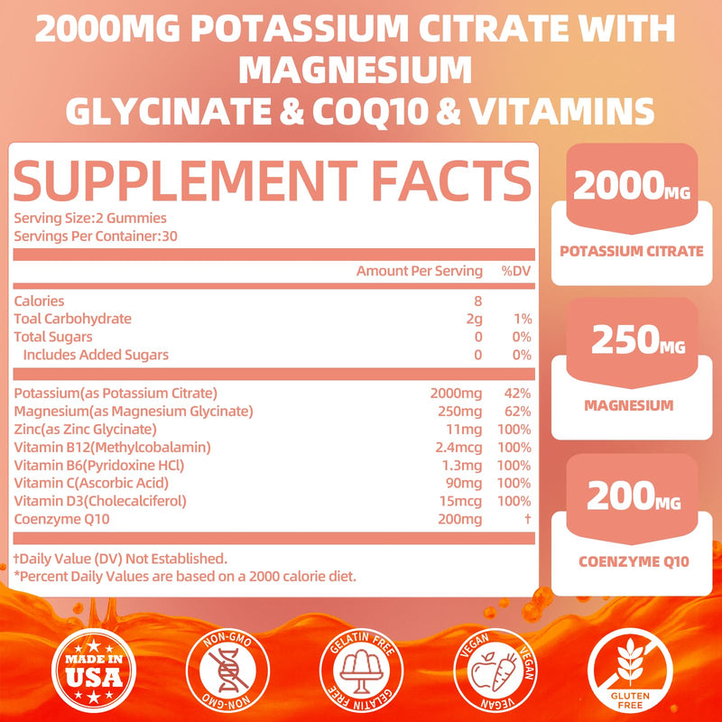 Potassium Citrate Gummies, 2000mg Potassium Supplement for Adults | Potassium Gummies with Magnesium Glycinate, Vitamin D3 for Muscle & Immune Support - Sugar Free, 60 Count Raspberry Flavor 60 Count (Pack of 1)