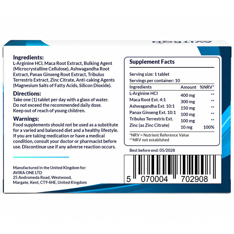 10 Blue Tablets | Men's Vitality Supplement | L-Arginine, Korean Ginseng & Maca Root Complex | Easy to Swallow | Made in the UK