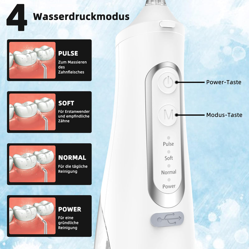 [Australia] - Powerful Oral Irrigator Electric Tooth Cleaner 4 Modes & 4 Nozzles Wireless Oral Irrigator IPX7 Waterproof Water Flosser 310ML Removable Water Tank for Ten Home and Travel Use (White) White 