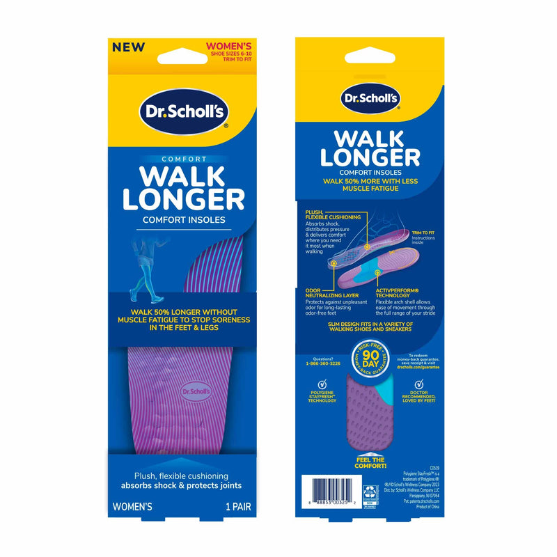 [Australia] - Dr. Scholl's Walk Longer Insoles, Comfortable Plush Foam Cushioning Inserts for Walking, Hiking, and Standing on Feet All-Day Women's 6-10 