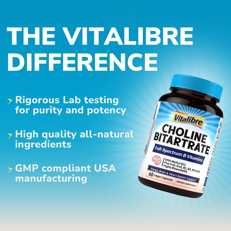 Vitalibre Choline Bitartrate 300mg Supplements, with Folate, Methyl B12, Niacinamide, Non-GMO Bioavailable Complex, Energy, Brain, Liver Support, 60 Vegan Caps