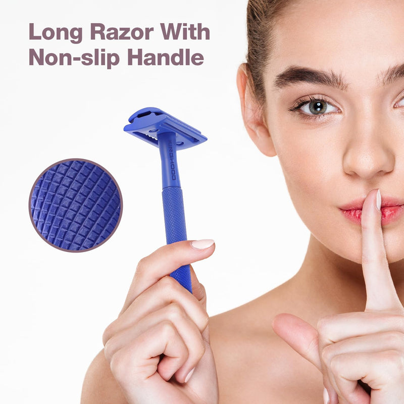 [Australia] - KINGHOOD Double Edge Safety Razor, Single Blade Razor with 10 Premium Blades, Metal Shaving Razor for Women and Men, Deep Blue Blue a 