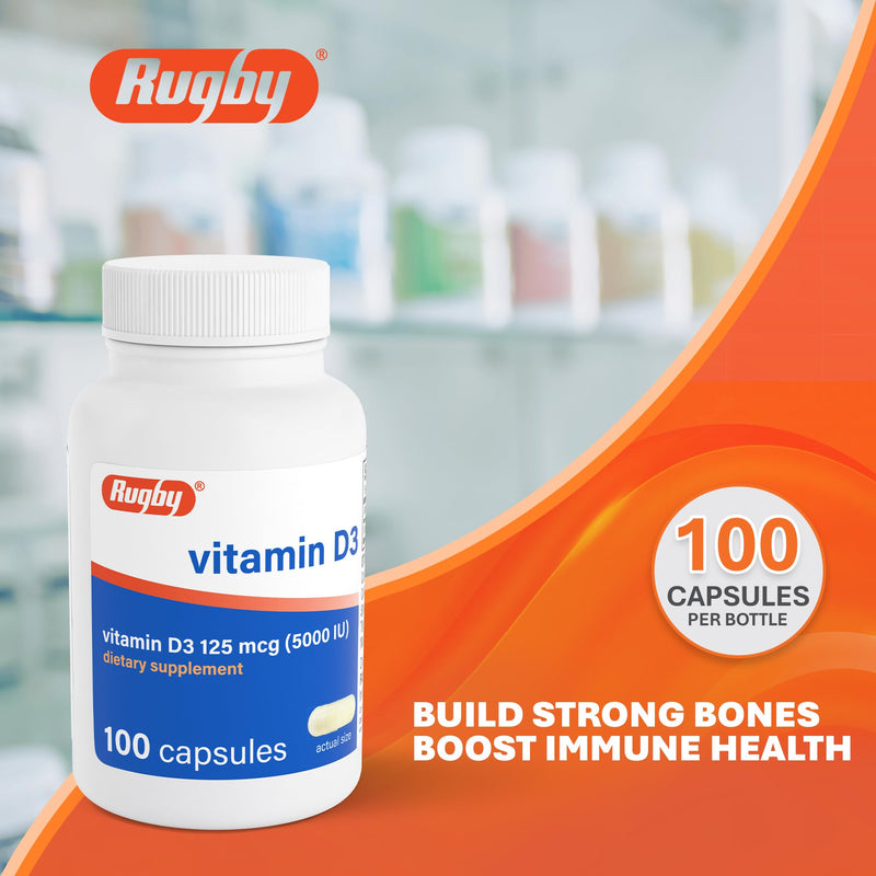 Rugby Vitamin D3 5,000 IU (125 mcg), 100 Capsules | Gluten-Free, High Potency Vitamin D Dietary Supplement for Bone, Teeth, and Immune Health, No Artificial Flavors and Colors
