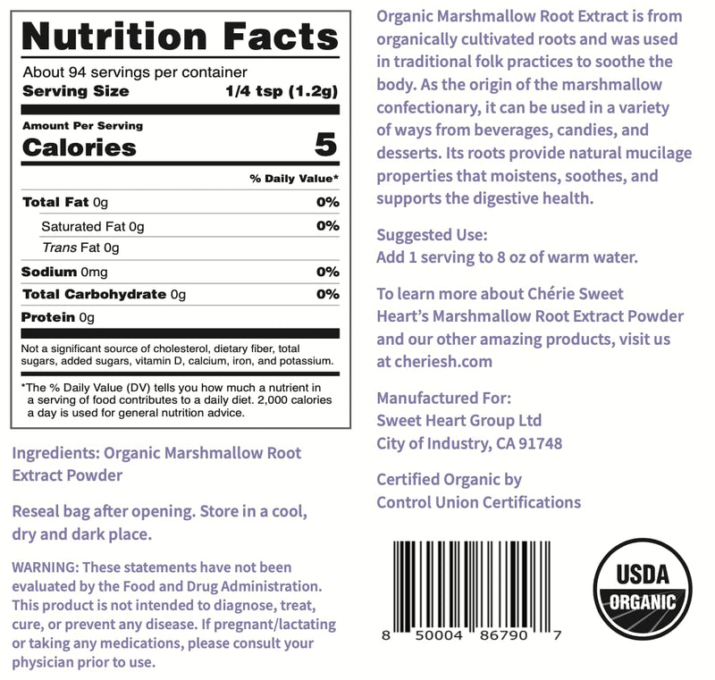 [Australia] - Chérie Sweet Heart USDA Organic Marshmallow Root Powder, Filler Free, Traditional Used, No GMOs, Vegan Friendly, 4 Ounces 4 Ounce (Pack of 1) 