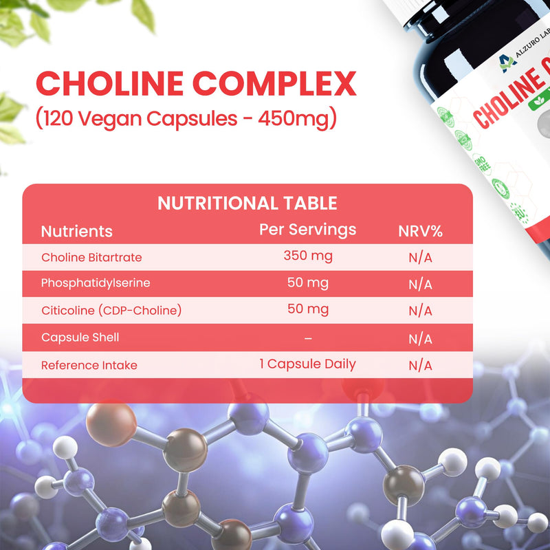 Choline Complex | Choline Bitartrate, Citicoline (CDP-Choline) & Phosphatidylserine | 120 Vegan Capsules | GMP & 3rd Party Lab Tested